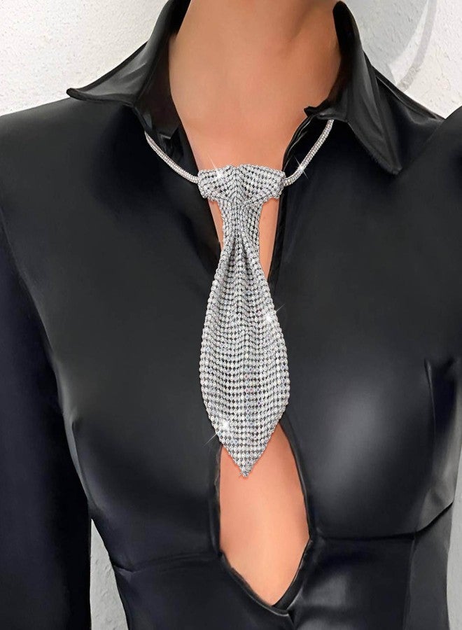 ELABEST Rhinestone Neck Tie Sparkling Tie Necklace Adjustable Diamond Tie for Women (Silver) - Image 2