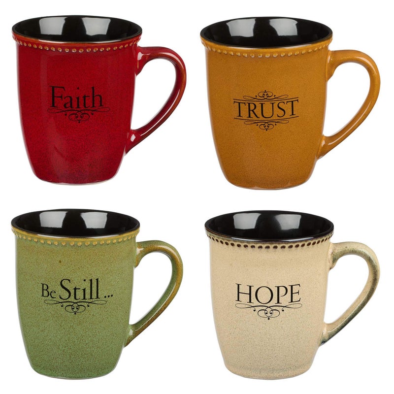 Christian Art Gifts Set of Four Rustic Stoneware Coffee/Tea Mugs w/Bible Verses Sage Green, Ivory, Paprika Red, Pumpkin Orange Inspirational Coffee/Tea Cup for Men and Women - Image 2
