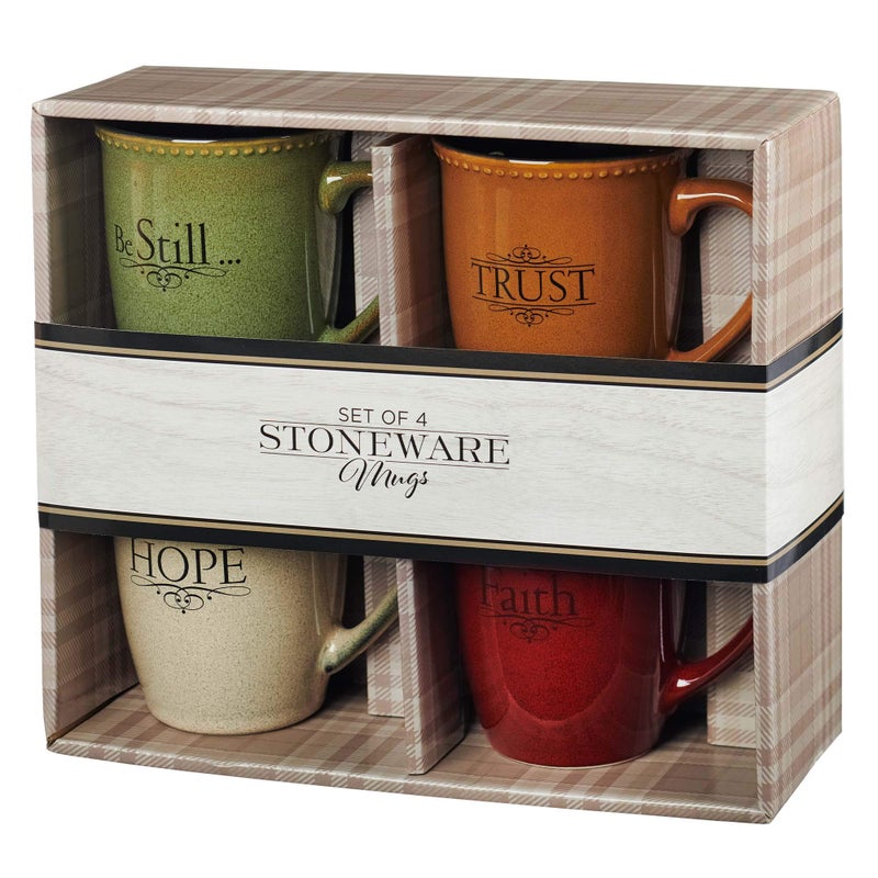 Christian Art Gifts Set of Four Rustic Stoneware Coffee/Tea Mugs w/Bible Verses Sage Green, Ivory, Paprika Red, Pumpkin Orange Inspirational Coffee/Tea Cup for Men and Women - Image 1