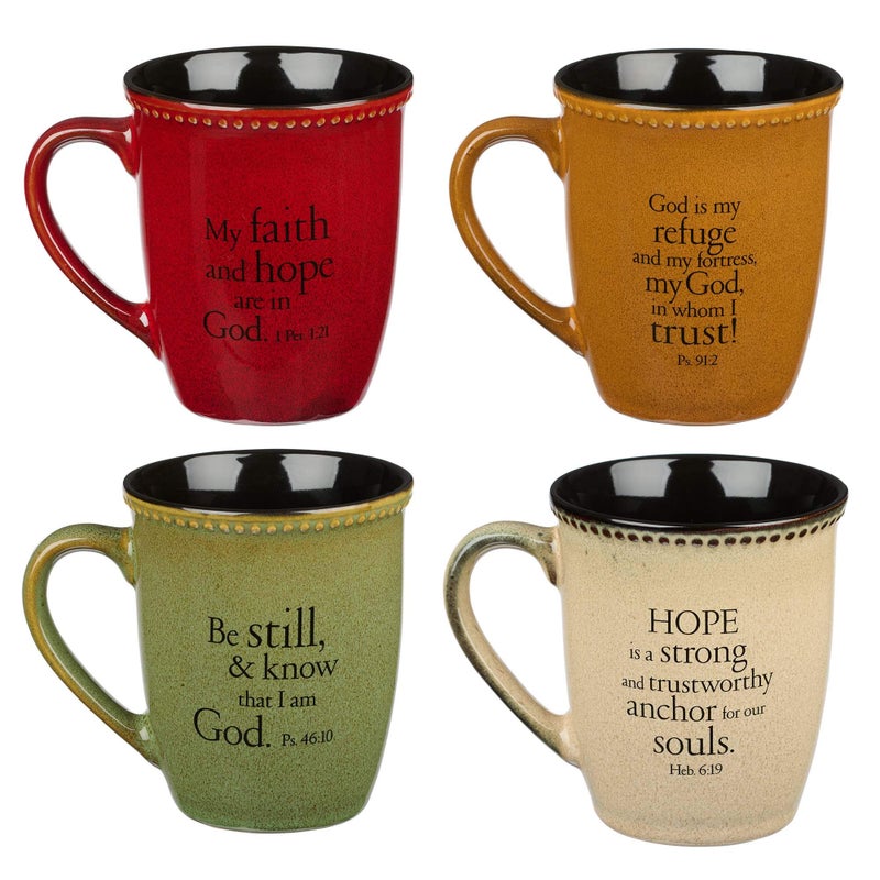 Christian Art Gifts Set of Four Rustic Stoneware Coffee/Tea Mugs w/Bible Verses Sage Green, Ivory, Paprika Red, Pumpkin Orange Inspirational Coffee/Tea Cup for Men and Women - Image 3