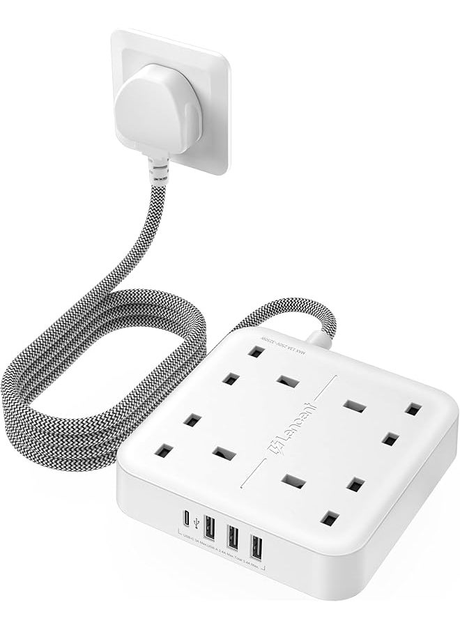 Lencent LENCENT Extension Lead with USB C Port, 4 Way Outlets Power Strip with 4 USB Ports (3.4A, 1 Type C and 3 USB-A Ports) Multi Plug Charging Station with 1.8M Braided Extension cord for Home Office 3250W  - Image 1