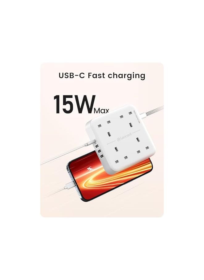 Lencent LENCENT Extension Lead with USB C Port, 4 Way Outlets Power Strip with 4 USB Ports (3.4A, 1 Type C and 3 USB-A Ports) Multi Plug Charging Station with 1.8M Braided Extension cord for Home Office 3250W  - Image 3