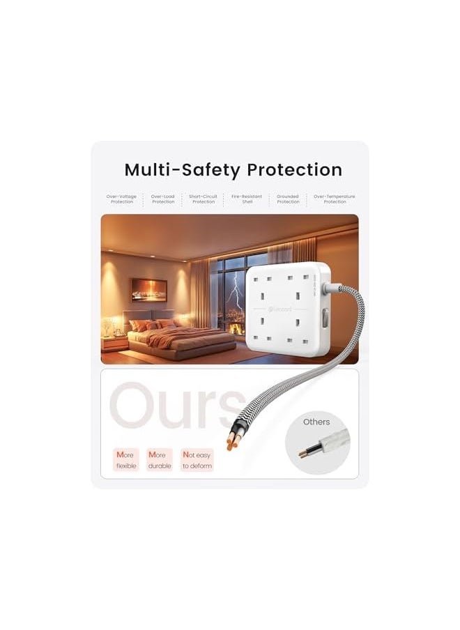 Lencent LENCENT Extension Lead with USB C Port, 4 Way Outlets Power Strip with 4 USB Ports (3.4A, 1 Type C and 3 USB-A Ports) Multi Plug Charging Station with 1.8M Braided Extension cord for Home Office 3250W  - Image 5