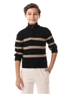 Andora Wide Stripe Half Zipper Pullover For Boys_Black&Beige  - Image 1