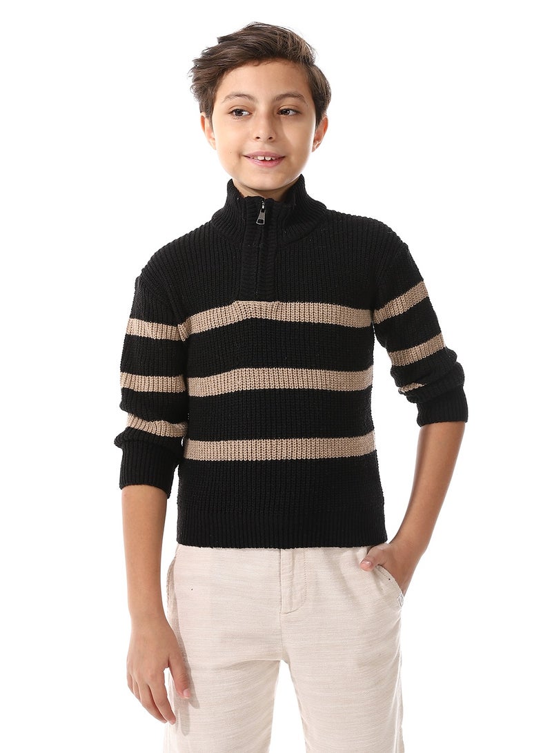 Andora Wide Stripe Half Zipper Pullover For Boys_Black&Beige - Image 1