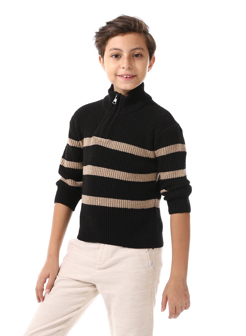 Andora Wide Stripe Half Zipper Pullover For Boys_Black&Beige - Image 2