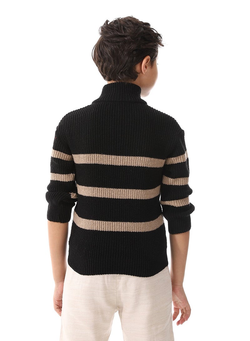 Andora Wide Stripe Half Zipper Pullover For Boys_Black&Beige - Image 3