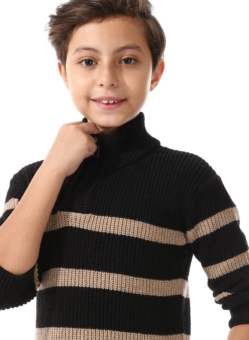 Andora Wide Stripe Half Zipper Pullover For Boys_Black&Beige - Image 4
