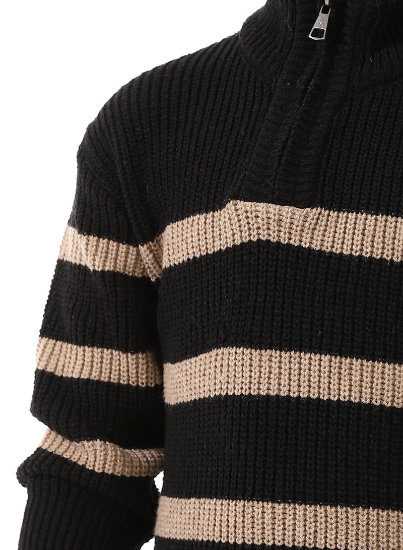 Andora Wide Stripe Half Zipper Pullover For Boys_Black&Beige - Image 5