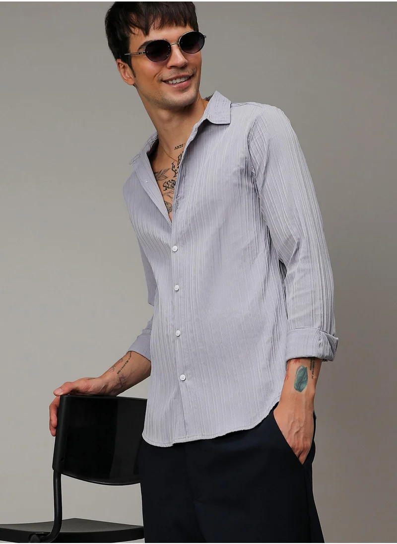 كامبوس سوترا Men's Moon Grey Self-Design Striped Shirt