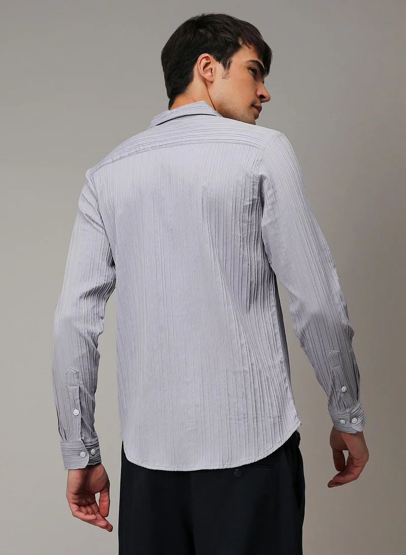 Campus Sutra Men's Moon Grey Self-Design Striped Shirt