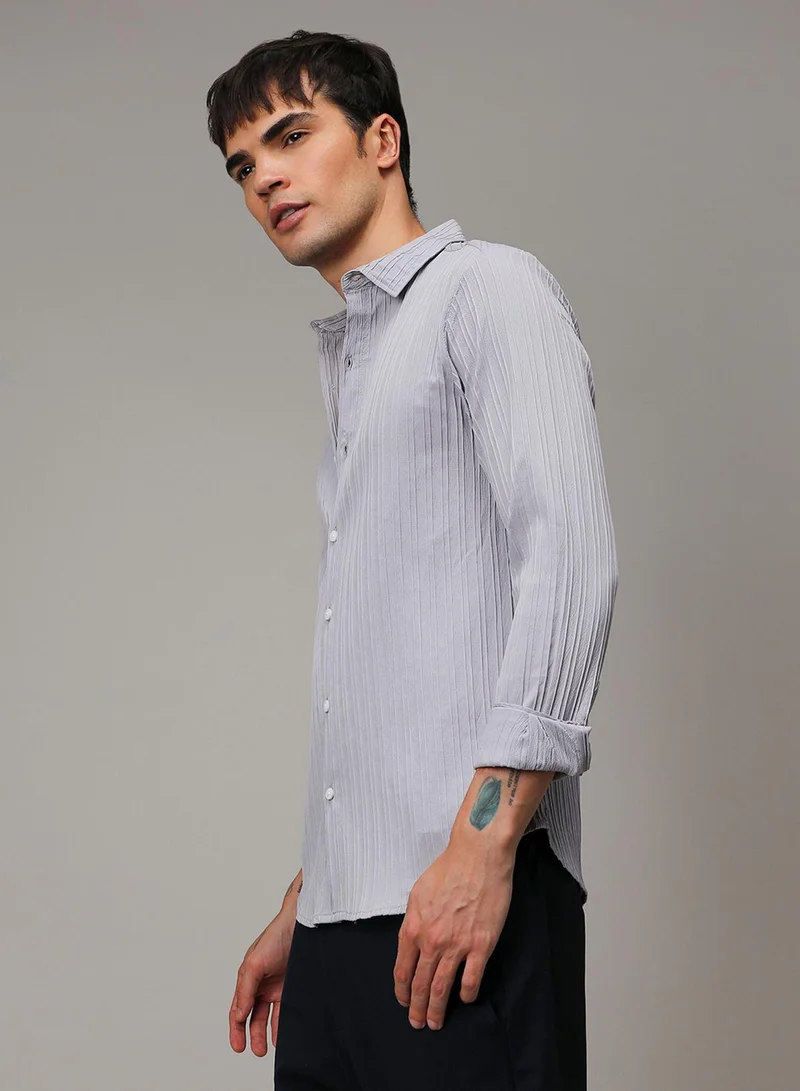 Campus Sutra Men's Moon Grey Self-Design Striped Shirt