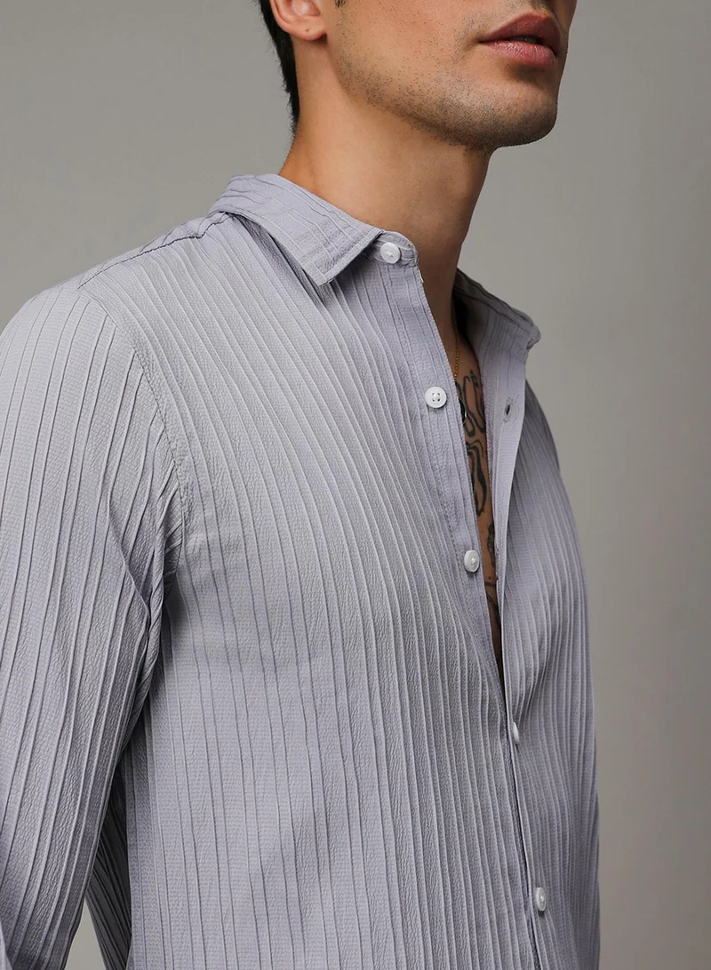 Campus Sutra Men's Moon Grey Self-Design Striped Shirt