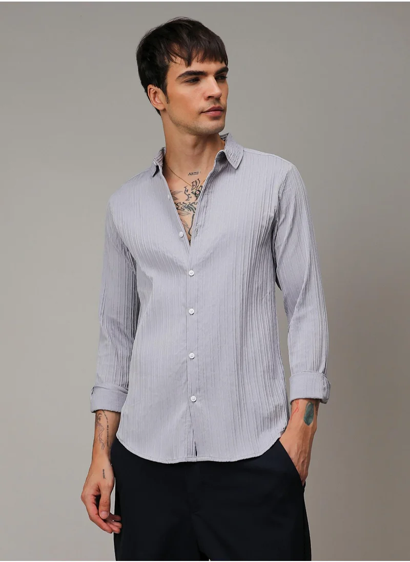 كامبوس سوترا Men's Moon Grey Self-Design Striped Shirt