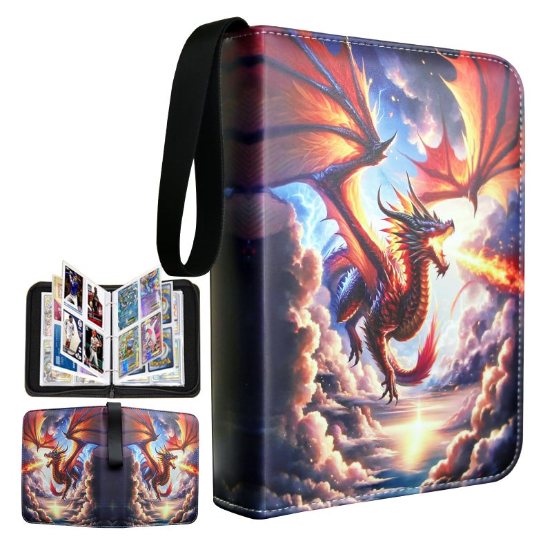 Fweel Trading Card Binder 4Pocket Card Album Holds 400 Cards PU Leather Zippered Card Organizer with Wrist Strap Portable TCG Sports Game Card Storage CaseFire Dragon - Image 2