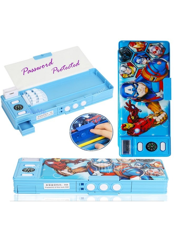 سيلي مي صندوق أقلام رصاص SILLYME بكلمة مرور مع قفل، وصندوق هندسي مع بوصلة ومبراة منبثقة - صندوق مدرسي للأولاد - مزدوج الجوانب (بطل خارق) - Image 1