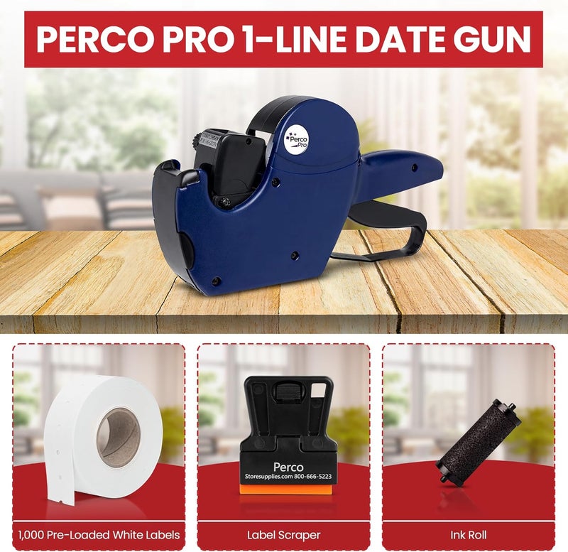 Perco Pro 1 Line Date Gun, 8 Digit 1 Line Date Label Gun Preloaded with Roll of 1000 White Labels, Preloaded Ink Roll - Image 2