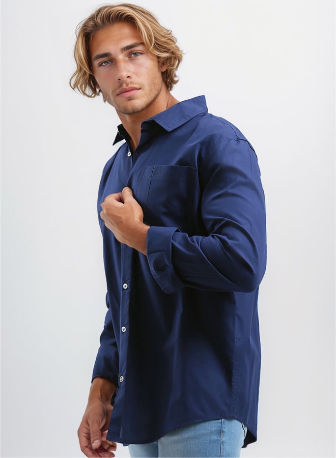 RAVIN Solid Navy Cotton Shirt with Front Pocket - Image 2
