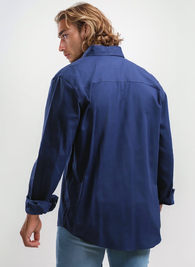 RAVIN Solid Navy Cotton Shirt with Front Pocket - Image 3