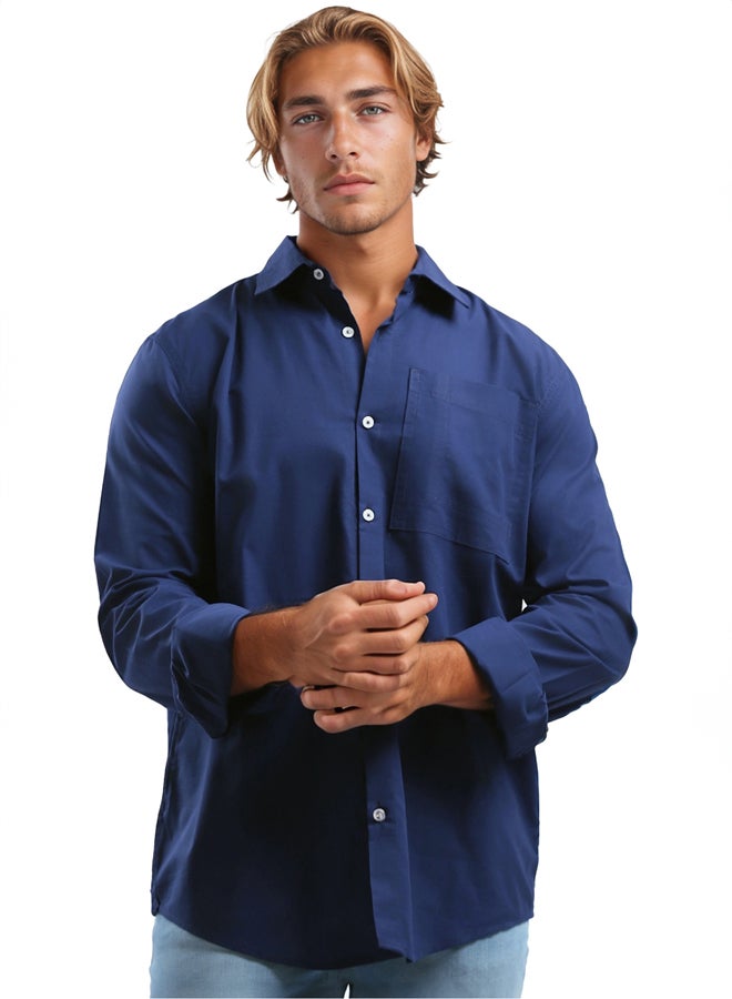 RAVIN Solid Navy Cotton Shirt with Front Pocket - Image 1