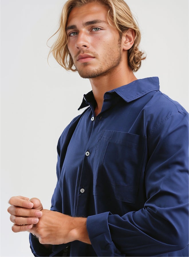RAVIN Solid Navy Cotton Shirt with Front Pocket - Image 4