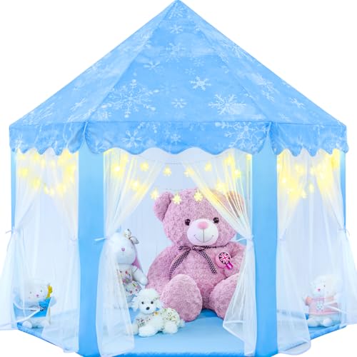 EVOIONOS Frozen Princess Tent for Girls Kids Play Tent with Snowflake Lights Castle Playhouse for Children Indoor Outdoor Games 55 x 53 inches Blue - Image 1