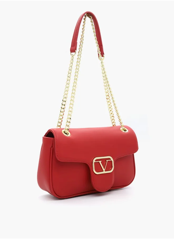 V Italia Solid Shoulder Bag with Chain Strap and Flap Closure
