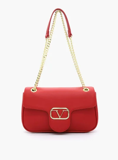 V Italia Solid Shoulder Bag with Chain Strap and Flap Closure