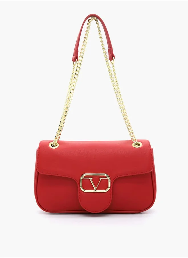 V Italia Solid Shoulder Bag with Chain Strap and Flap Closure