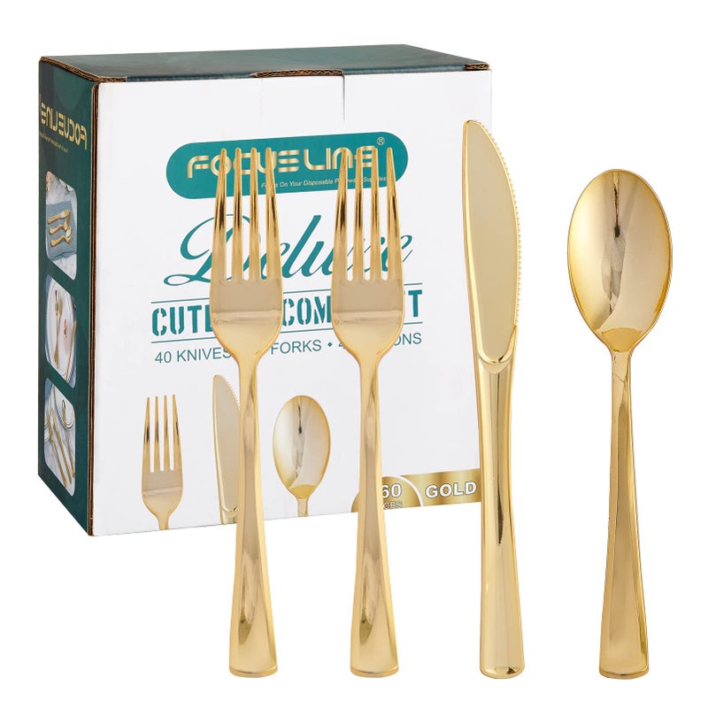 FOCUSLINE 160 Pack Gold Plastic Silverware Set including 80 Gold Forks 40 Knives 40 Spoons Disposable Flatware Heavy Duty Plastic Cutlery Set for Weddings Catering Parties Dinners
