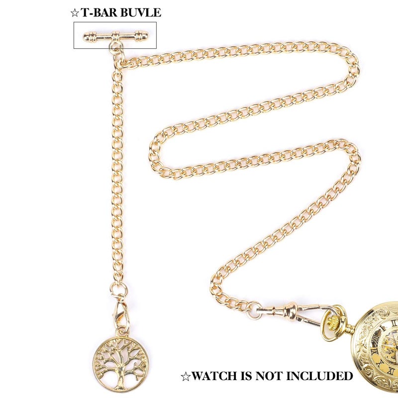 ManChDa Albert Chain Pocket Watch, T-bar Chain with Life Tree Pendant, Curb Link Chain 2 Hook Antique Fob T Bar for Men(Gold) - Image 3