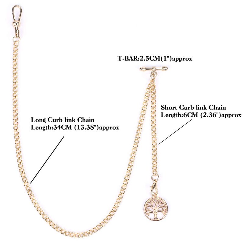 ManChDa Albert Chain Pocket Watch, T-bar Chain with Life Tree Pendant, Curb Link Chain 2 Hook Antique Fob T Bar for Men(Gold) - Image 5