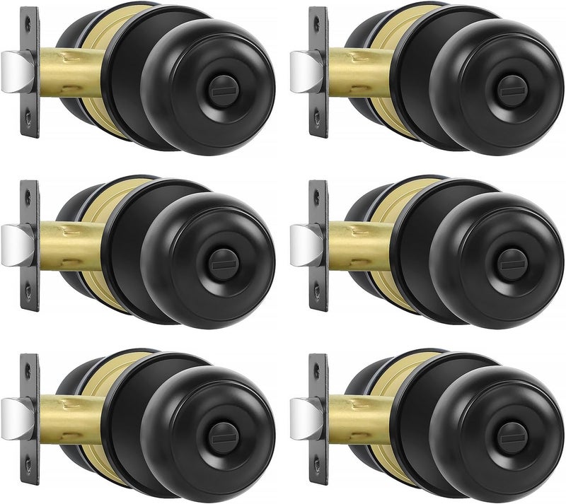 RAZCC Privacy Door Knobs, 6 Pack Matte Black Door Knobs with Lock, Bed and Bath Door Knob Interior Keyless Locksets, Round Door Handles Reversible for Left Right Handed Doors - Image 1