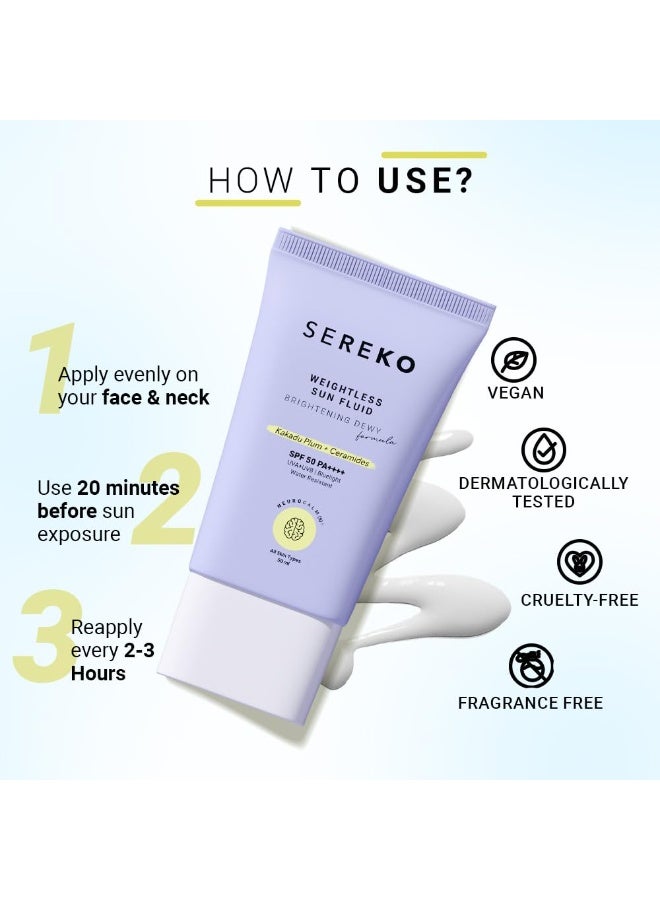 SEREKO Weightless Sun Fluid Sunscreen SPF50 PA++++, with Kakadu Plum & Ceramides powered by Hybrid UV Filters | Lightweight Matte | Water Resistant, No white Cast | All Skin Types -50ml - Image 3