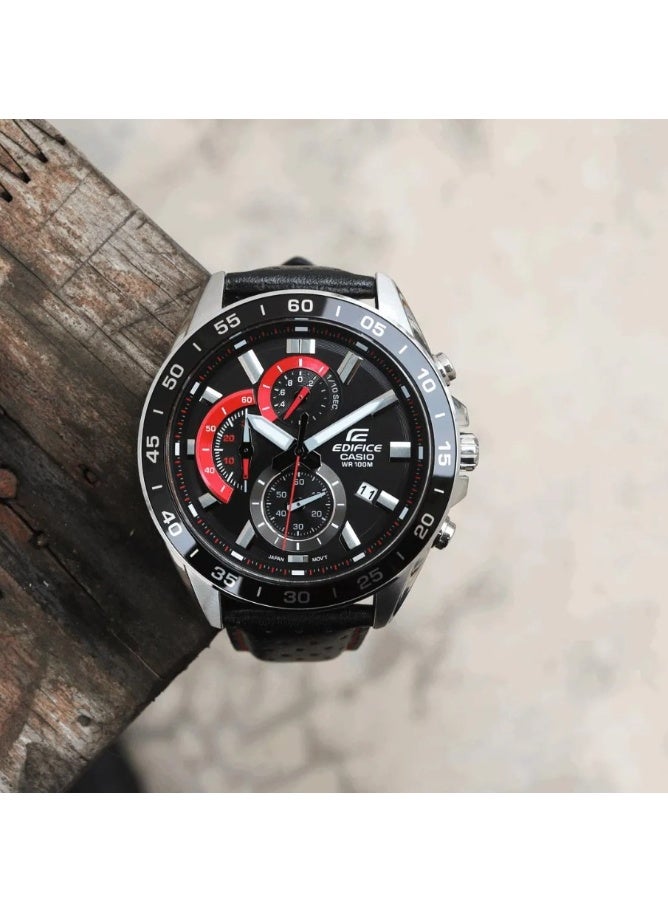 Cash Casio Edifice EFV-550L-1AVUDF Men's Chronograph Watch, Black Dial, Black Leather Strap, 100M Water Resistant - Image 3