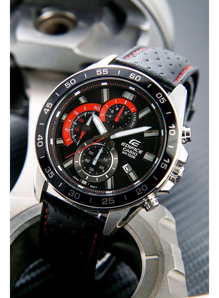 Cash Casio Edifice EFV-550L-1AVUDF Men's Chronograph Watch, Black Dial, Black Leather Strap, 100M Water Resistant - Image 2