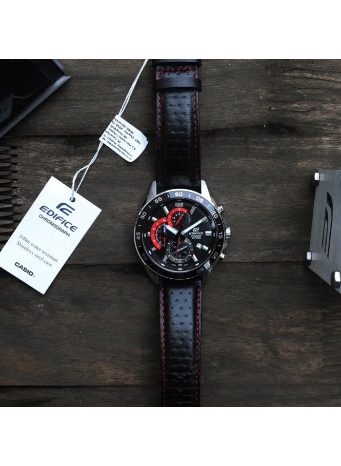 Cash Casio Edifice EFV-550L-1AVUDF Men's Chronograph Watch, Black Dial, Black Leather Strap, 100M Water Resistant - Image 5