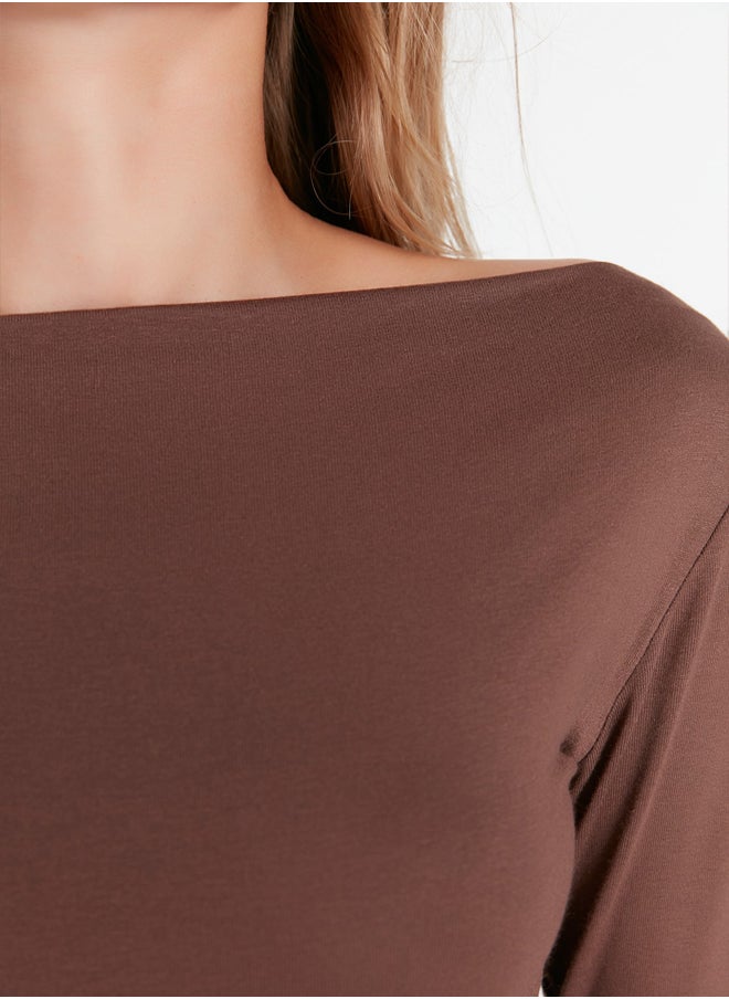 trendyol - Brown Fitted Long Sleeve Bateau Neck Viscose Stretchy Knitted Blouse TWOAW21BZ0106 - Image 1