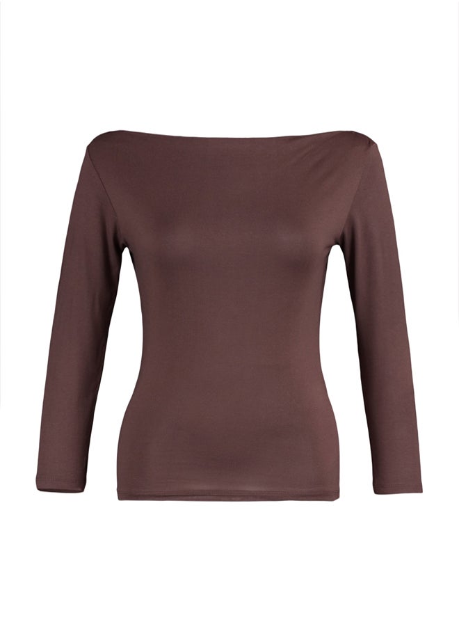 trendyol - Brown Fitted Long Sleeve Bateau Neck Viscose Stretchy Knitted Blouse TWOAW21BZ0106 - Image 1