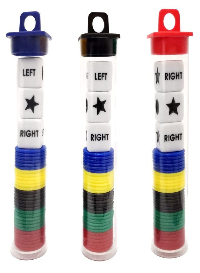 Ahoper Left Right Center Dice Game Prime Set Bundle with 3 Dices + 30 Chips - 3 Sets Assorted Colors Round Tube Storage is Very Convenient for Travel. Easy to Store, Carry Around.(3 Pack) - Image 1