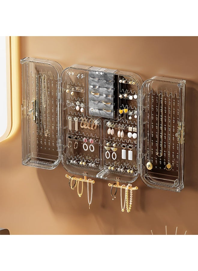 منظم وحامل للأقراط المعلقة، يتسع للخواتم والقلائد والأقراط، حامل بلاستيكي للأقراط على الحائط وعرضها للنساء والفتيات، شفاف، بدون حفر (رمادي) - Image 2