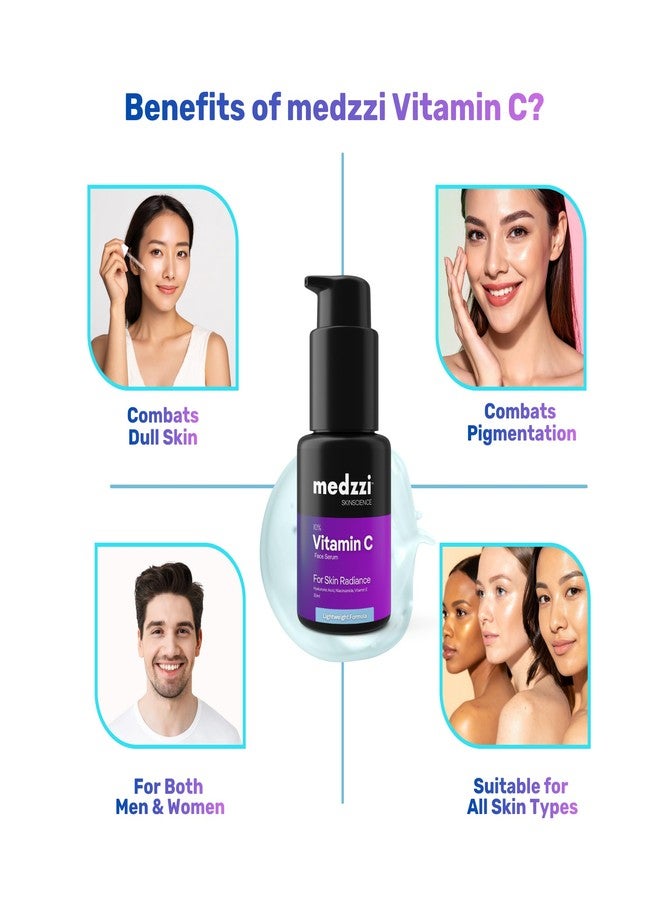 Medzzi 10% Vitamin C Face Serum with Hyaluronic Acid & Niacinamide | Brightening, Hydration & Even Skin Tone | For Men & Women | All Skin Types | 30 ml - Image 3