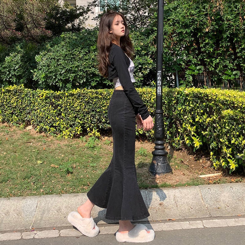 Spring Autumn Winter Black High Waist Fishtail Denim Skirt Women'S Elastic Slim-Fit Ruffled Split Mid-Length Hip Skirt - Image 4