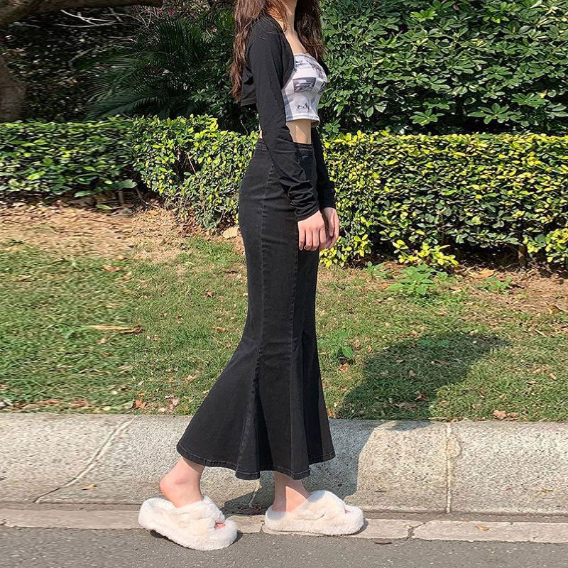 Spring Autumn Winter Black High Waist Fishtail Denim Skirt Women'S Elastic Slim-Fit Ruffled Split Mid-Length Hip Skirt - Image 3