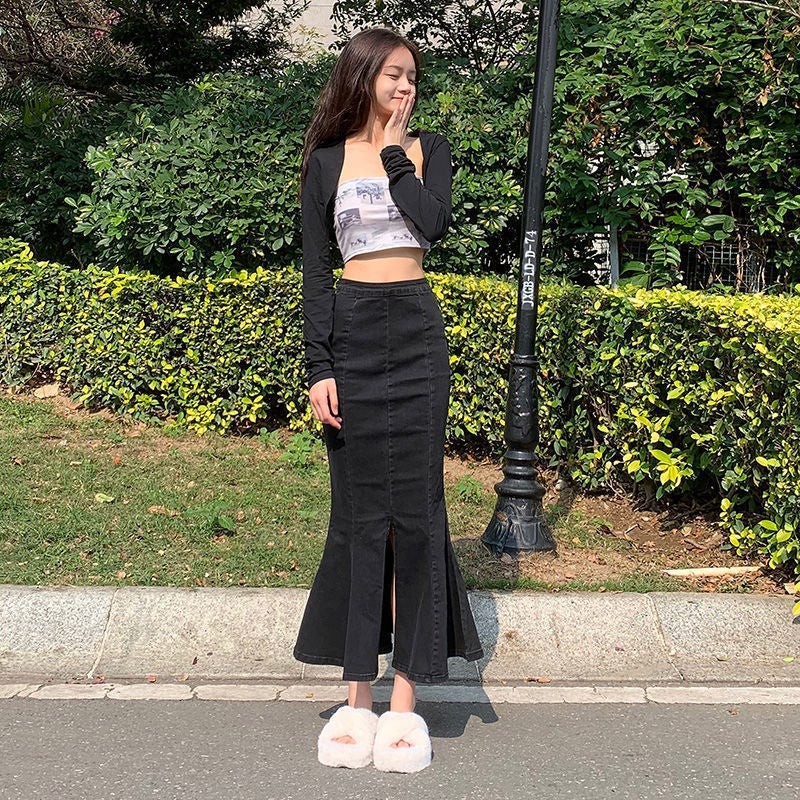 Spring Autumn Winter Black High Waist Fishtail Denim Skirt Women'S Elastic Slim-Fit Ruffled Split Mid-Length Hip Skirt - Image 2