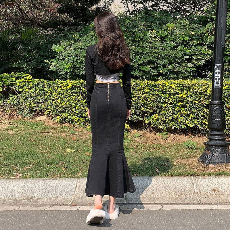 Spring Autumn Winter Black High Waist Fishtail Denim Skirt Women'S Elastic Slim-Fit Ruffled Split Mid-Length Hip Skirt - Image 5