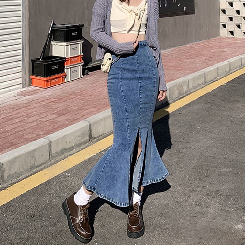 Spring Autumn Winter Black High Waist Fishtail Denim Skirt Women'S Elastic Slim-Fit Ruffled Split Mid-Length Hip Skirt - Image 1