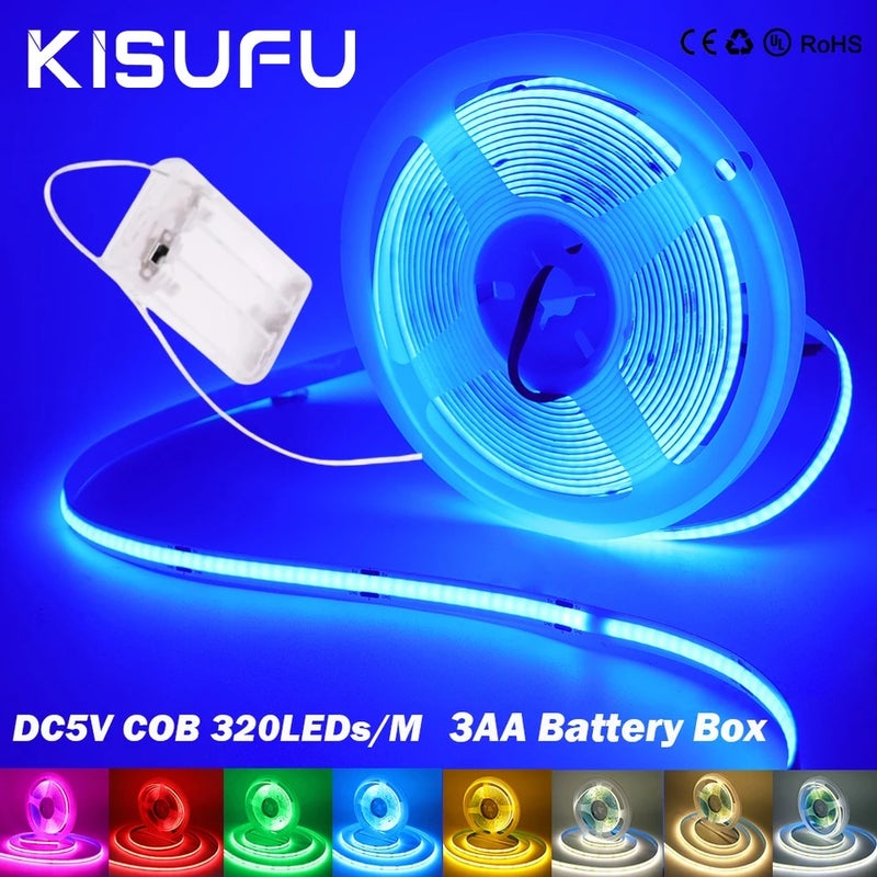 KISUFU DC5V COB LED Light Strip 3AA Battery Powered 8mm PCB 320LEDs/m White Green Blue Pink RA90 Flexible Adhesive Tape DIY Room Decor - Image 2