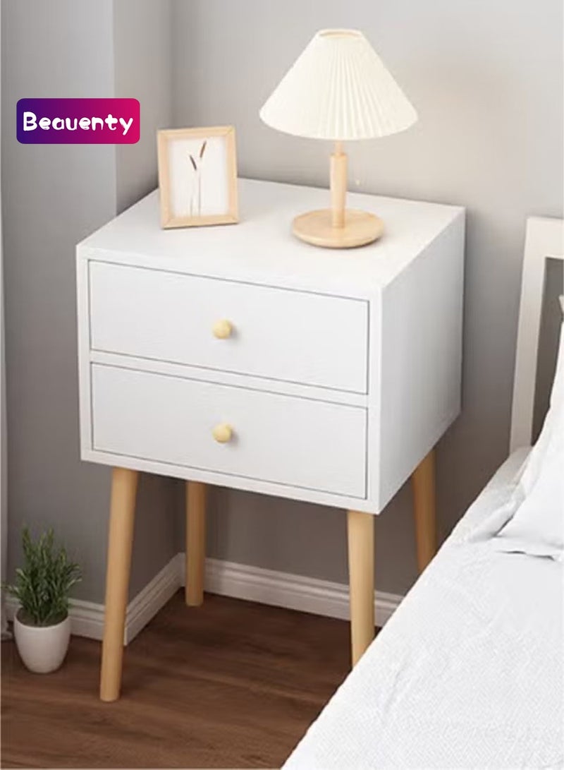 Beauenty 40*30*59cm White Nightstand Table with 2 Drawers Bedside Cabinets Small Side Table with Solid Wood Legs for Bedroom Office Living Room Modern Bedside Table Easy Assembly - Image 1