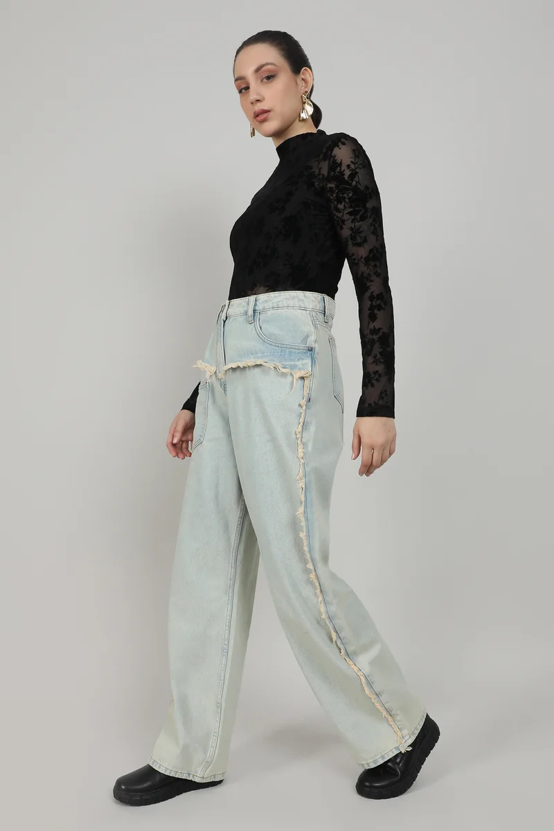 Campus Sutra Women's Light Blue Fringed Straight Denim Jeans